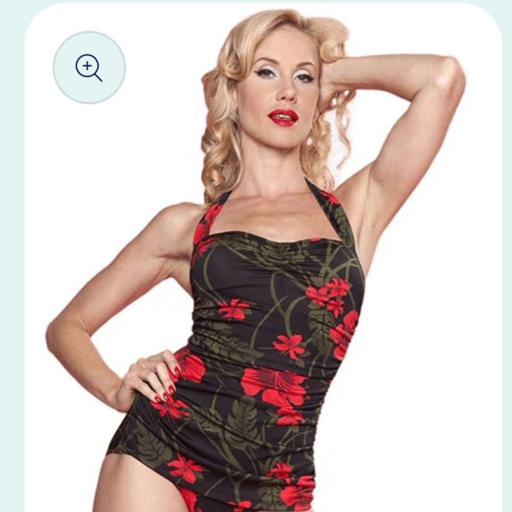Esther Williams 1950s Inspired Black Hibiscus Print 1 Piece Swimsuit sz 16W NWT